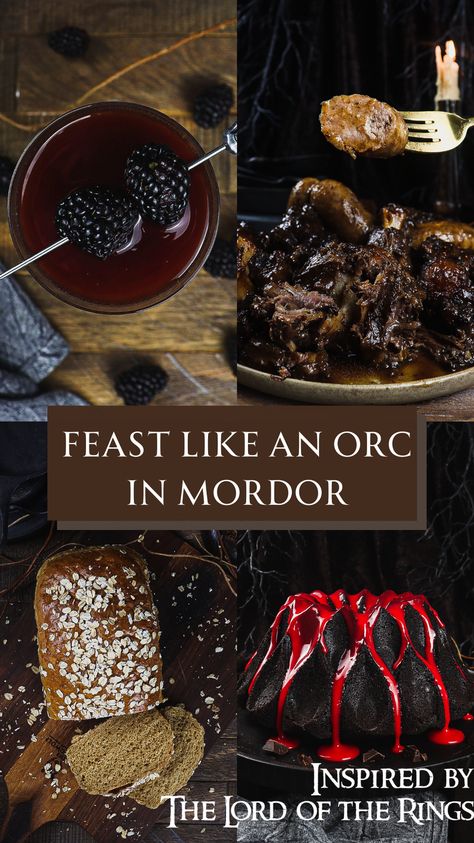 Medieval Snack Ideas, Lord Of The Rings Snacks Food Ideas, Lotr Inspired Food, D&d Snacks, D&d Food, Black Chocolate Cake, Lotr Marathon, Fantasy Recipes, Taverns Recipe