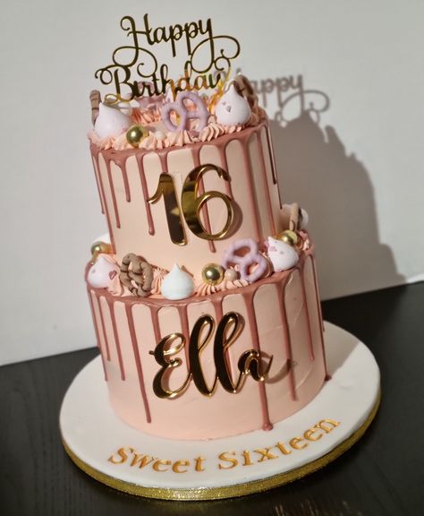 Two tier rose gold drip cake with pretty pink and gold accents. Rose Gold Drip Cake, 16th Birthday Cake For Girls, Sprinkle Drip Cake, Gold Drip Cake, Sweet Birthday Cake, Birthday Cake Roses, Best Happy Birthday Wishes, Sweet Sixteen Cakes, 14th Birthday Cakes