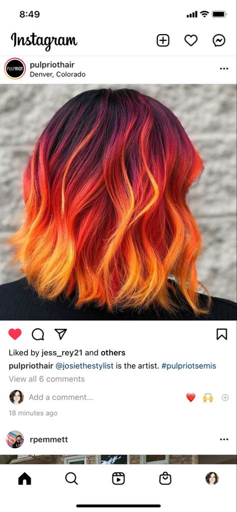 Fire Ombre Hair, Fire Hair Color, Party Tips And Tricks, Orange Ombre Hair, Sunset Hair Color, Fire Red Hair, Flame Hair, Sunset Hair, Hair Color Orange