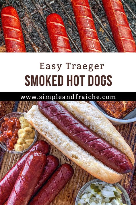 Smoked Hot Dogs, Hot Dog Pasta, Smoked Dishes, Smoked Burgers, Smoked Mac And Cheese, Easy Coleslaw, Grilling Hot Dogs, Hot Dog Toppings, Beef Hot Dogs