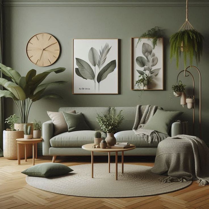 a living room with green walls and plants on the wall, two clocks above the couch