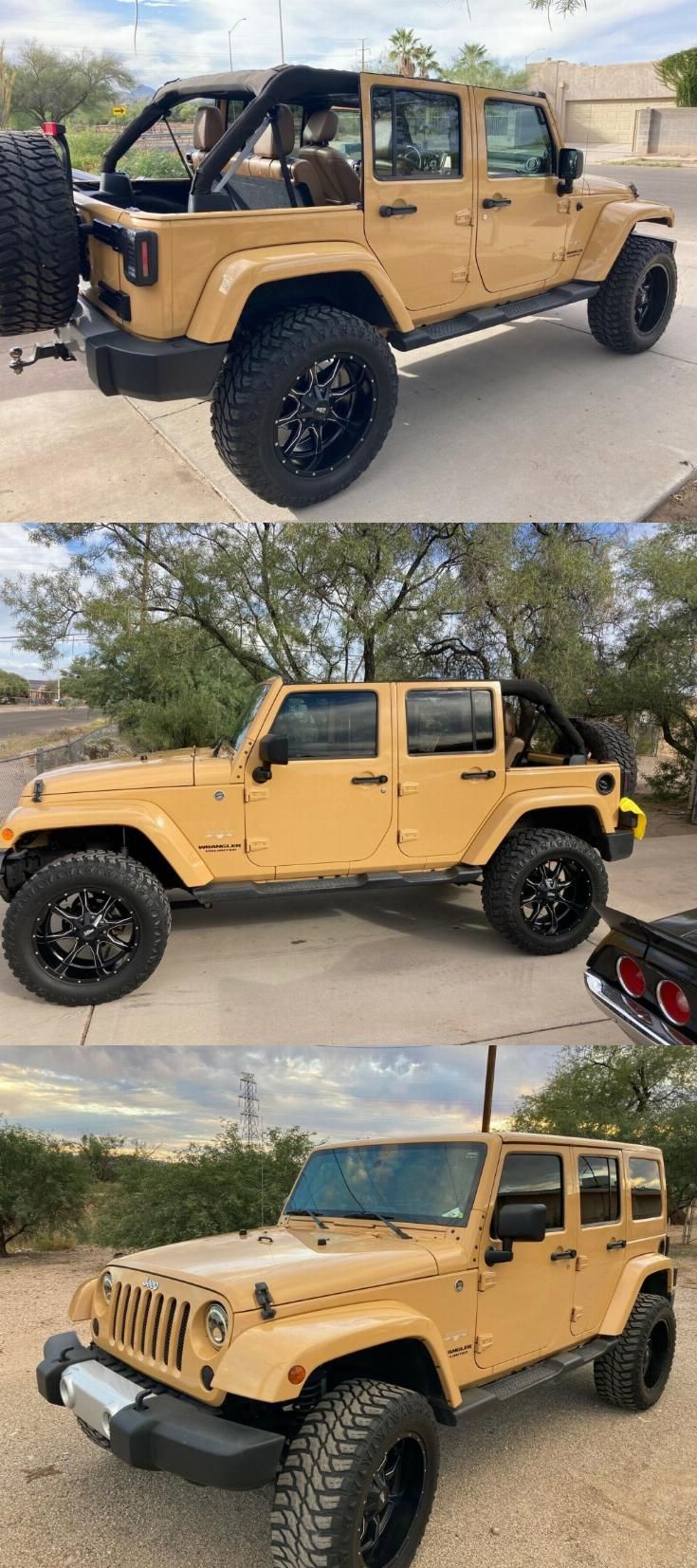 four different pictures of jeeps in the same color and size, one is yellow