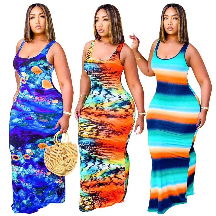 Hot Sales Colorful Printed Round Neck Sleeveless Halter Dress Striped Tie Dye, Elegant Plus Size, Round Neck Dresses, Latest African Fashion Dresses, Bodycon Fashion, Striped Tie, Everyday Dresses, African Fashion Dresses, Affordable Clothes