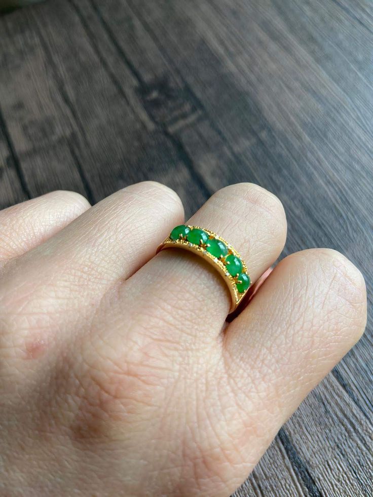 🌈 18-K Gold Jade Ring, Jadeite Jade, Green, Size US7 3/4 🌷 Untreated Natural Jadeite Jade/ Grade A Jade 🌷 Certified : YES 🌷 Jade from Myanmar/ Burma 🌷 Ring Size : US 7 3/4 🌷 Color : Green 🌷 Free standard shipping from Hong Kong with tracking included 🌷 Take approximately 7-21 days to arrive worldwide Green Round Rings With Stones, Round Green Gemstones For Wedding, Elegant Green Emerald Ring With Stones, Green Wedding Gemstones For May Birthstone, Green Multi-stone Gemstones For Wedding, Green Cabochon Emerald Ring For Anniversary, Green Emerald Ring With Stones, Green Emerald Cabochon Ring For Anniversary, Green Emerald Ring With Natural Stones For Anniversary