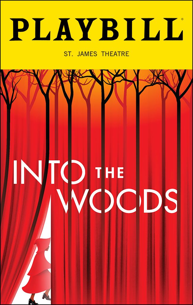 into the woods playbill poster with red curtains and trees on it's side