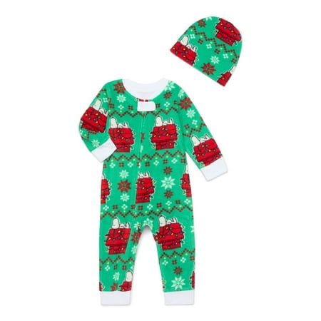 Make this holiday season extra special with these Snoopy Home for the Holidays Matching Family Pajamas. A perfect way to start a new holiday tradition with coordinated pajamas for everyone in the family, even Fido. This one-piece sleeper and cap set is ideal for baby. Crafted in plush, microfleece, this zip-front sleeper is cozy, toasty and best of all easy! Size: 12 Months.  Color: Green.  Gender: unisex.  Age Group: infant. Casual Christmas Sleep Sets, Casual Christmas Sleepwear Sets, Casual Christmas Sleepover Sets, Casual Green Christmas Sets, Casual Winter Onesie With Cartoon Print, Fun Winter Sleepwear For Sleepovers, Casual Green Holiday Sets, Casual Cotton Christmas Sets, Casual Cartoon Print Sleepwear For Winter