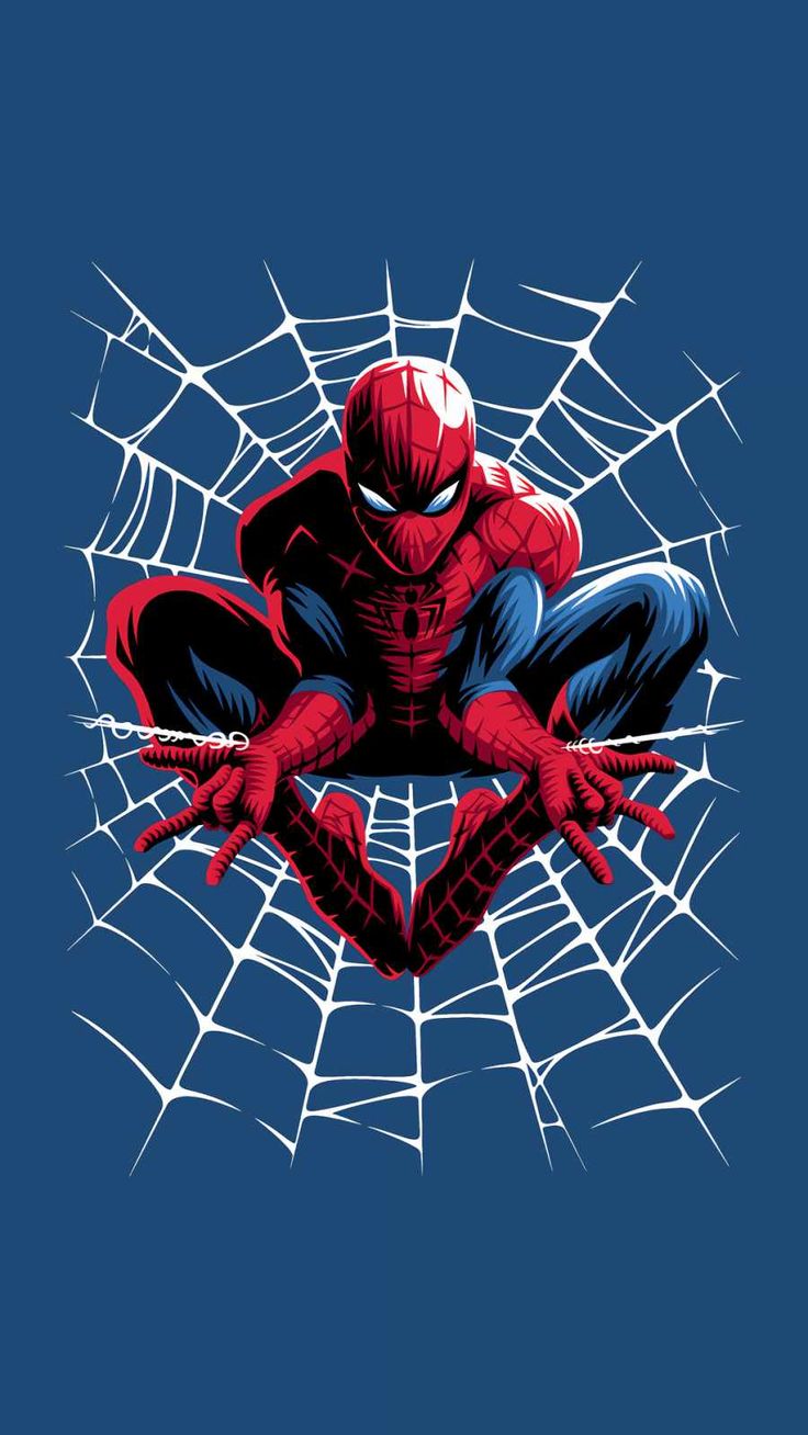 a spider - man sitting on top of a web in front of a blue background