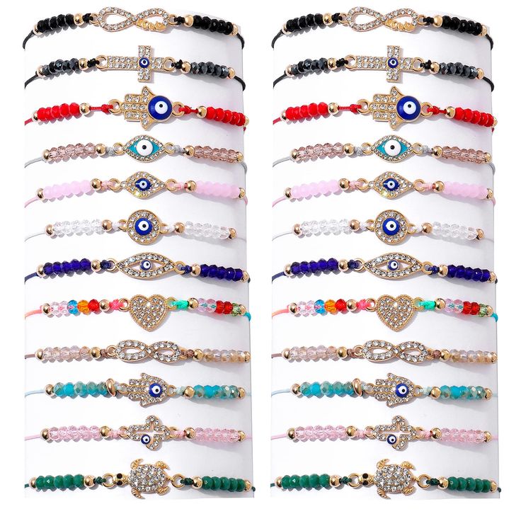 PRICES MAY VARY. 🧿Fashionable and Spiritual Bracelets🧿: The Evil Eye is a symbol of auspiciousness, luck, protection and prosperity, and It is believed that the evil eye protect It's owner from harmful energy and negativity. 🧿24/12 Pcs Package content🧿: The Mal de ojo String Bracelet of pendant have Buckle/Cross/Heart/Turtle/Hamsa/Round shape to choose, with colorful Evil eye Beads exquisite and durable, hard to resist. 🧿Mexican Bracelets 🧿 Since it's Handmade String lightweight materials, Ojo Bracelets, Bracelets Mexican, Mexican Bracelets, Anklets Jewelry, Eye Bracelets, Hamsa Bracelet, Wrist Jewelry, Evil Eyes, Gold Anklet