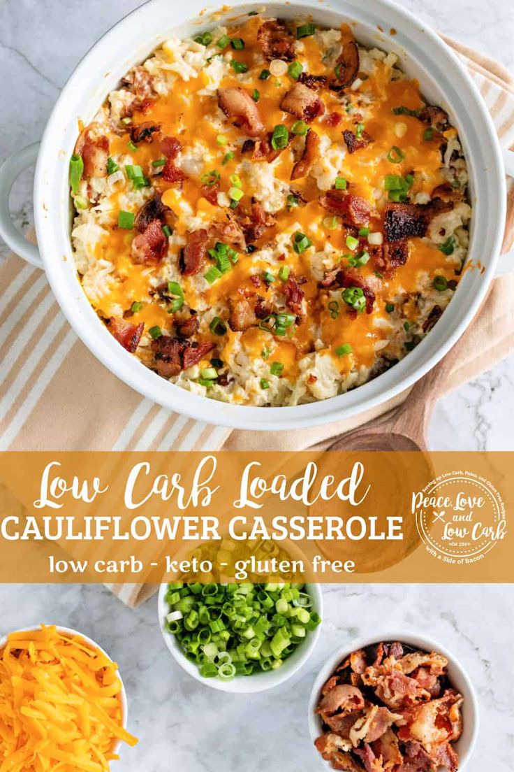 low carb loaded cauliflower casserole in a white dish surrounded by other ingredients