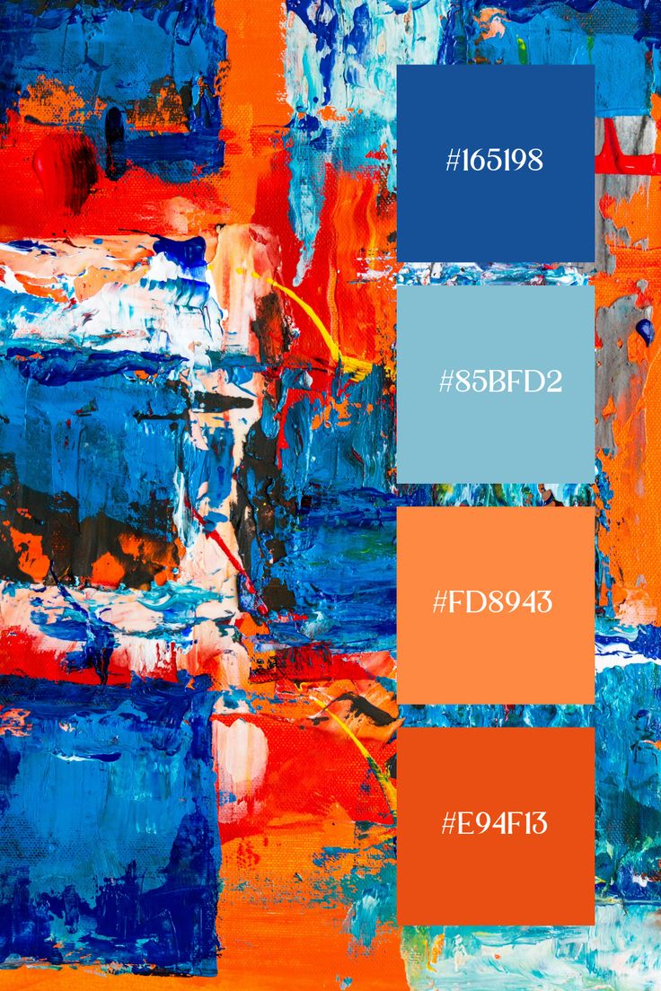 an abstract painting with blue, orange and red colors on it's sides in the same color scheme