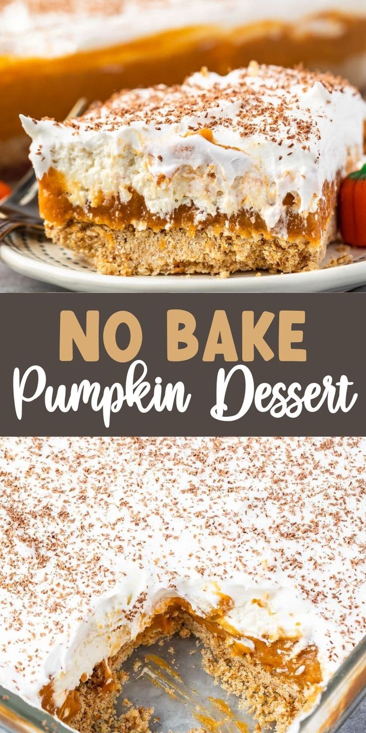 no bake pumpkin dessert with white frosting on top