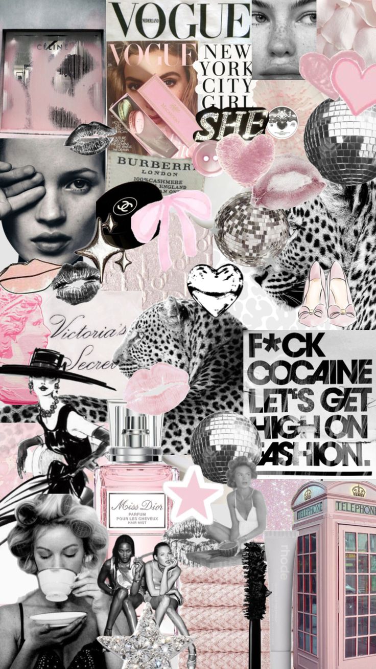 collage of fashion and beauty related items including lipstick, hair brush, perfume bottle, telephone booth