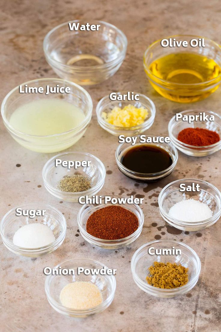 the ingredients to make this recipe are shown in small bowls and labeled on top of each other