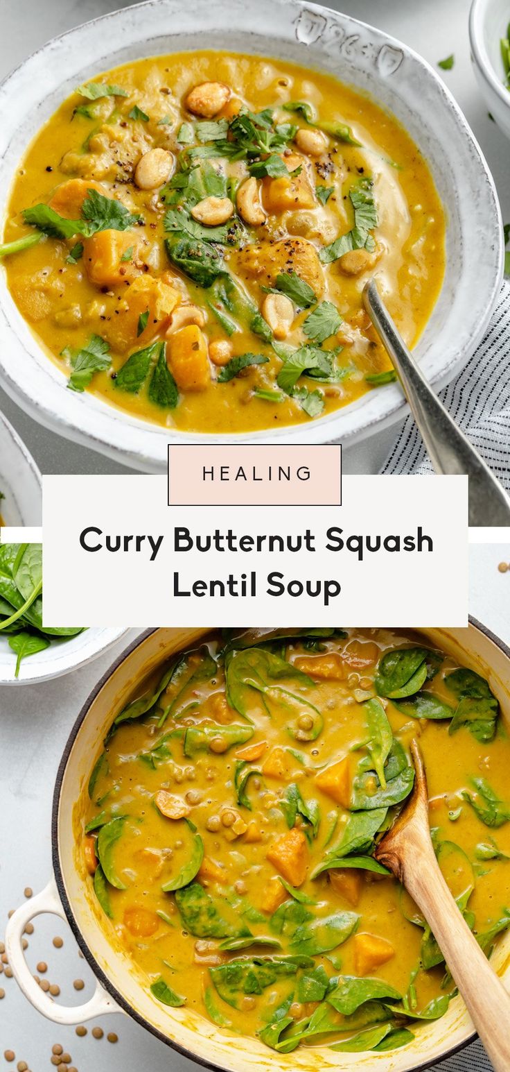 curry butternut squash lentil soup in a white bowl