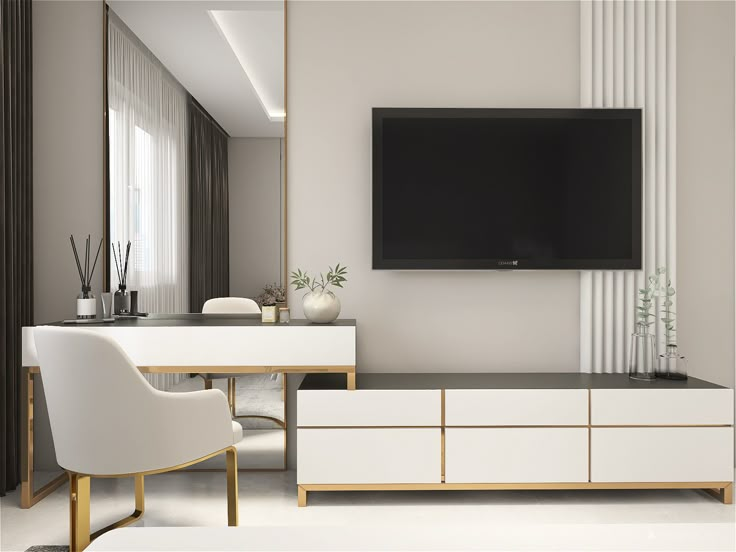 a living room with white furniture and a flat screen tv mounted on the wall above it