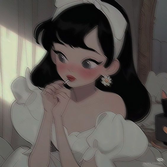 an animated image of a woman in a white dress with her hand on her chin