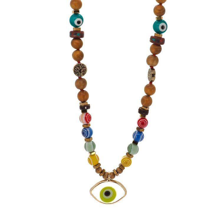 This Green Eye Beaded Necklace is a colorful and eye-catching piece of jewelry that combines a variety of beads and charms. The necklace features a mix of blue, yellow, red, and green glass evil eye beads, which are believed to have protective powers and bring good luck to the wearer. The necklace is also adorned with Gold hematite stone beads, which add a touch of shine and sophistication. The Gold hematite stone tree of life beads add a touch of natural beauty and symbolism, representing growt Yellow Green Eyes, Green Evil Eye, Glass Evil Eye, Evil Eye Beads, Green Eye, Blue Yellow Red, Hematite Stone, Eye Beads, Eye Pendant