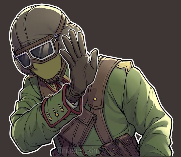 a drawing of a soldier wearing goggles and holding his hand up to his face