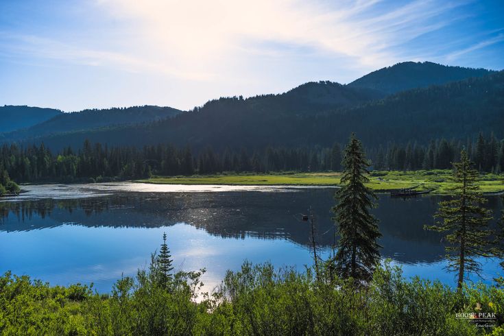 a lake surrounded by trees and mountains under a blue sky with sun shining on the water