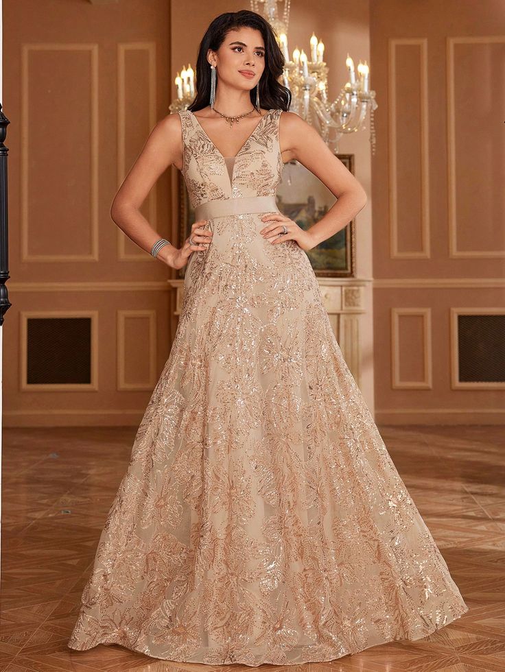 Women's Sequined Embroidered Fitted V-Neck Sleeveless Floor-Length Formal Evening Party Gown (Handwork Version), Elegant Prom Dress, For Wedding Guest, Graduation, Dinner Champagne Glamorous,Party  Sleeveless Sequins Plain,All Over Print A Line Slight Stretch All Weddings & Events, size features are:Bust: ,Length: ,Sleeve Length: Taupe Formal Dresses Evening Gowns, Elegant Dresses Long Sleeve, Champagne Gown, Gold Gown, Sustainable Clothing Brands, Glamorous Party, Elegant Prom Dresses, Evening Party Gowns, Party Gown