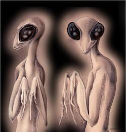 two aliens standing next to each other in front of a black background