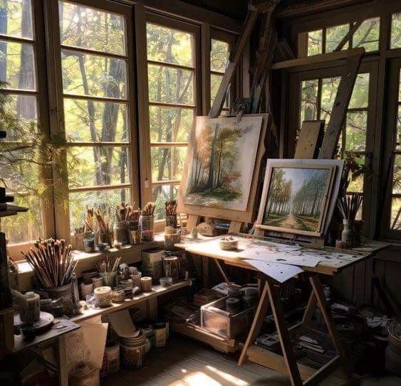 an artist's studio with large windows and lots of art supplies on the table