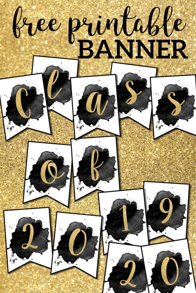 the free printable banner is shown with gold glitter and black ink on white paper