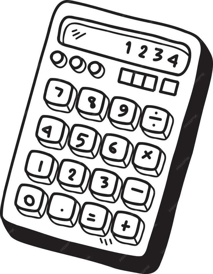 a black and white drawing of a calculator with numbers on the front side