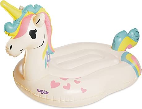 an inflatable unicorn float is shown with hearts on it's head and tail