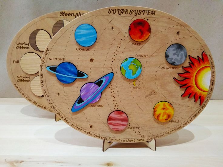 two wooden plates with solar system designs on them