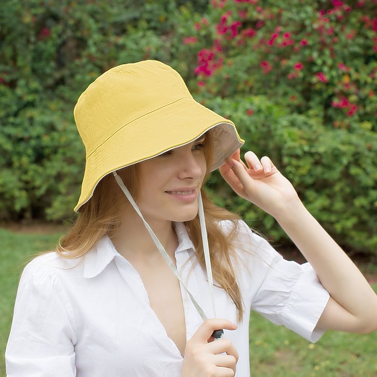 "Bucket women hat, women hat, summer hat, cotton hat, trendy hat, women yellow panama summer hat for beach and sun, very stylish, sun hut, beach hat. Stylish bucket hat is reversible (double-sided) and features removable drawstring for windy days. It has wire in the brim to shape it. It complements every outfit whether a summer dress or swimsuit. Foldable & packable sun hats for women convenient to carry along, fits any handbag or backpack. This summer bucket stylish hat is amazing for any s Trendy Brimmed Cotton Sun Hat, Cotton Bucket Hat With Uv Protection For Vacation, Adjustable Cotton Bucket Hat With Uv Protection, Lightweight Cotton Summer Hats, Cotton Bucket Hat For Beach Season, One Size, Cotton Bucket Hat For Beach Season, Adjustable Cotton Summer Hat, Adjustable Cotton Sun Hat With Uv Protection, Cotton Short Brim Hat For Beach Season