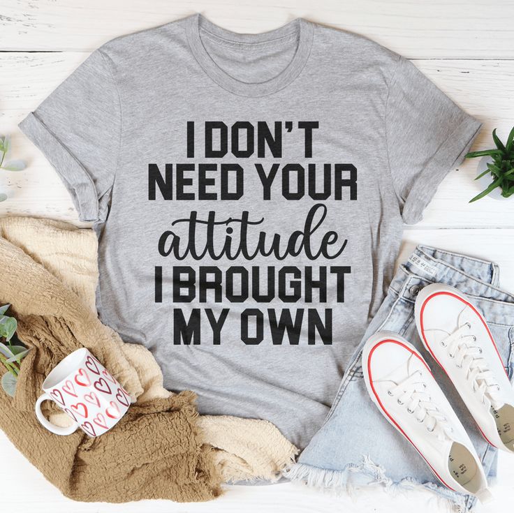 I Don't Need Your Attitude Tee Peachy Sunday T-Shirt Heather Grey Cotton Graphic T-shirt, Heather Grey Graphic Print Cotton T-shirt, Trendy Gray T-shirt With Text Print, Trendy Cotton T-shirt With Quote Print, Trendy Heather Grey T-shirt With Letter Print, Heather Grey Cotton T-shirt With Letter Print, Casual Cotton T-shirt With Quote Print, Heather Grey Cotton Tops With Screen Print, Trendy Heather Grey Cotton T-shirt