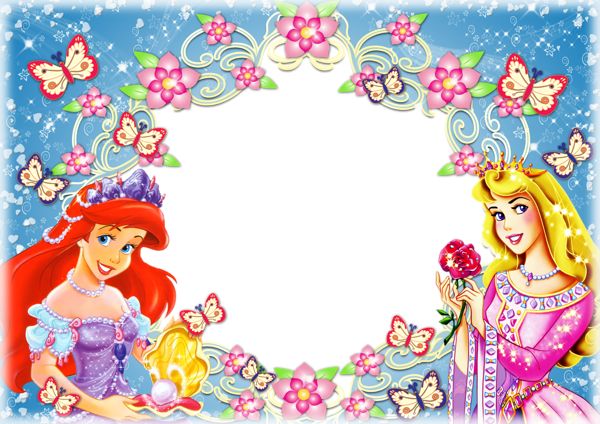 two princesses are standing in front of a white circle with pink flowers and butterflies