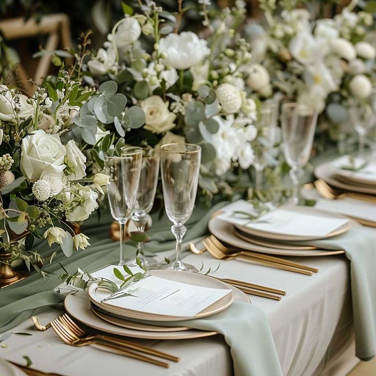 the table is set with white flowers and gold place settings