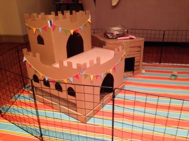 a cardboard castle made to look like it is in a play pen