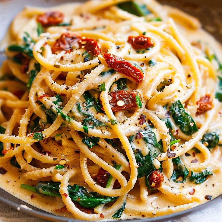 pasta with spinach and sun dried tomatoes on a plate