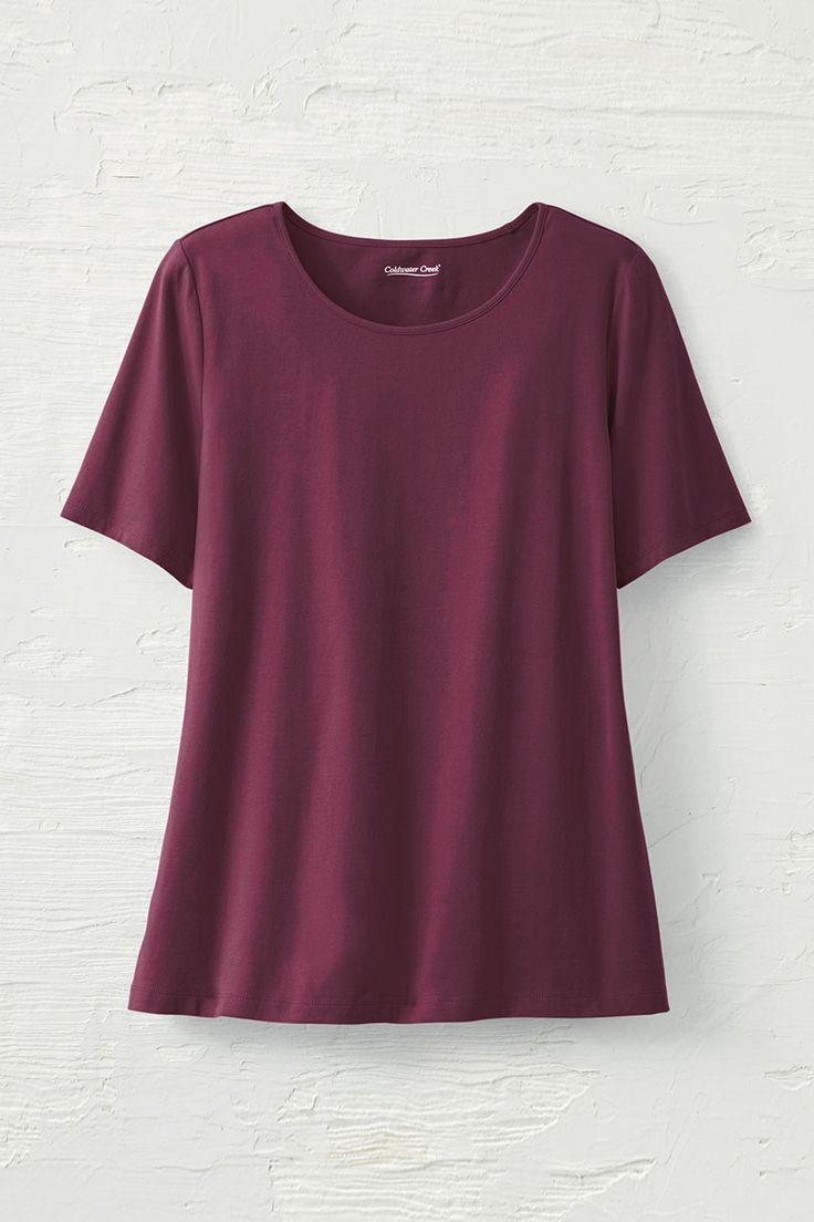 A favorite comfortable knit, now in a great new basic. Our short-sleeve tee is soft, and ideal for layering. Small Frame, Coldwater Creek, Full Figured, Workout Tee, Fashion Tees, Sale House, Cotton Spandex, Fashion Pants, Short Sleeve Tee