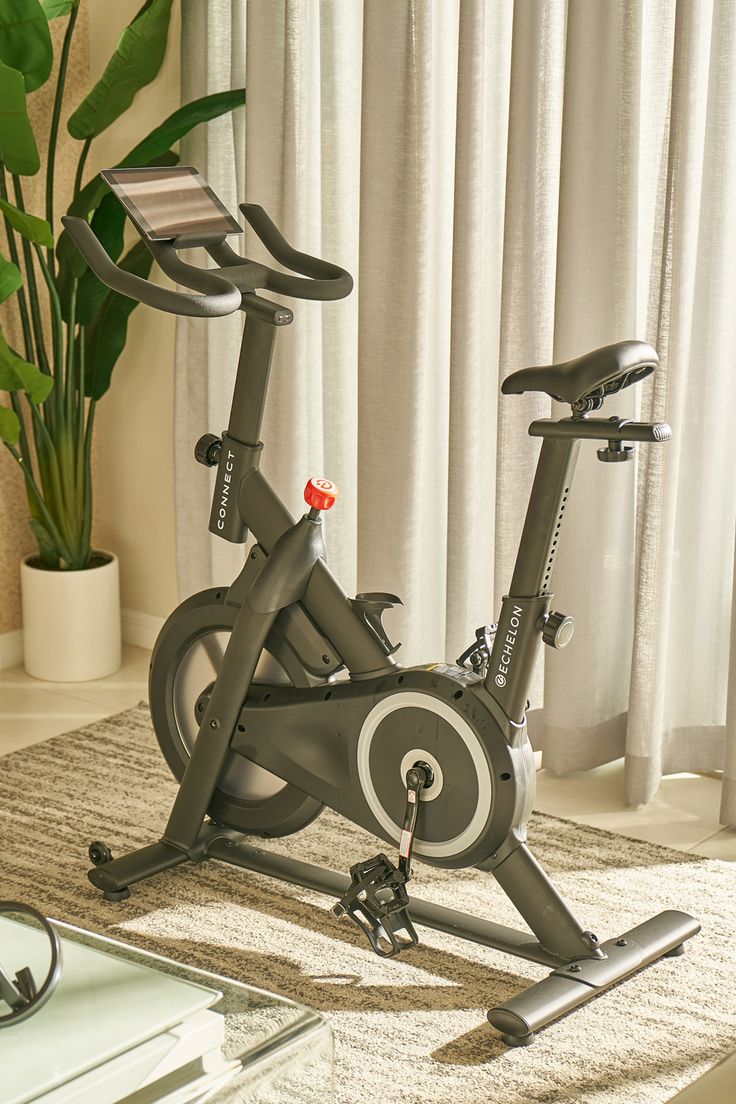 an exercise bike sitting on top of a rug next to a potted plant