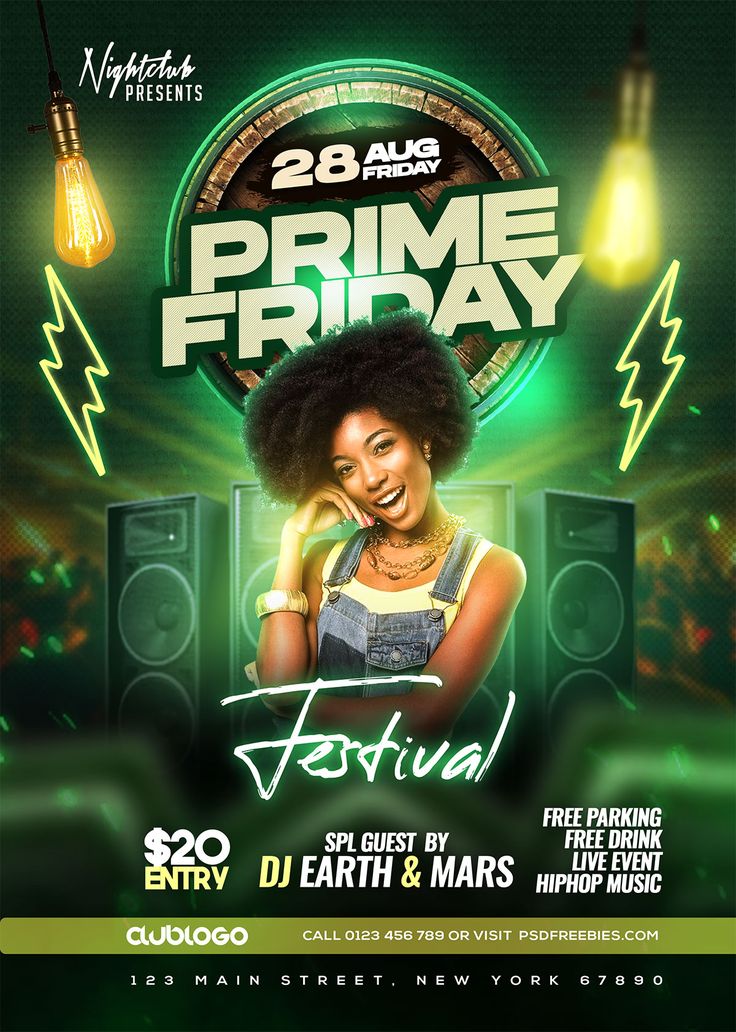 Get ready to rock the night with our Free Prime Friday Night Club Party Flyer Design PSD. This creative flyer design is perfect for your upcoming weekend events, parties, rock concerts, and nightclub gatherings. It’s also versatile enough to be used as a party poster, birthday flyer, social media promotion and more. Musical Flyer Design, Get Together Party Flyer Design, Night Party Poster Design, Concert Social Media Design, Creative Posters Design, Birthday Party Graphic Design, Flyer Design Inspiration Event, Music Concert Poster Design Graphics, Club Party Flyer Design