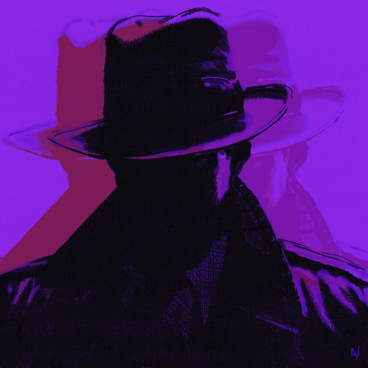 a man with a hat on his head in front of a purple and pink background