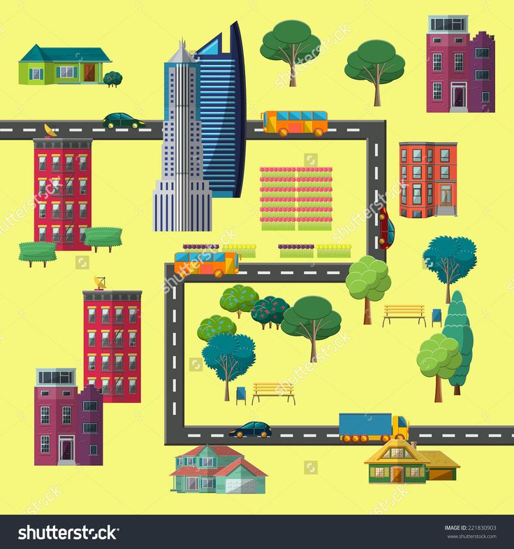 city map with roads, buildings and trees on the yellow background in flat design style