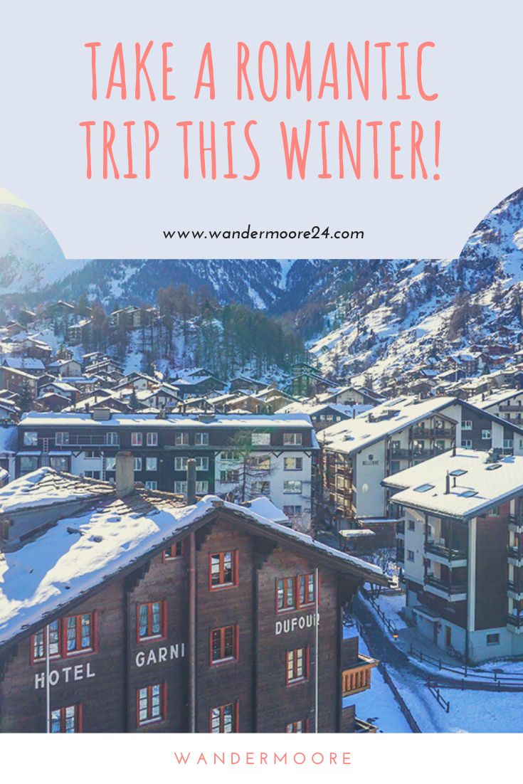 the words take romantic trip this winter are overlaid by snow - covered buildings and mountains