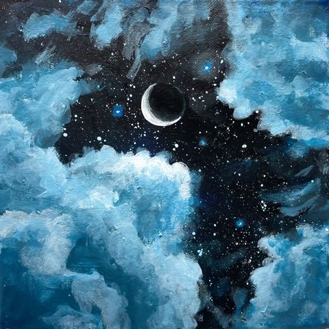 an abstract painting of the moon and stars in the night sky with clouds on it