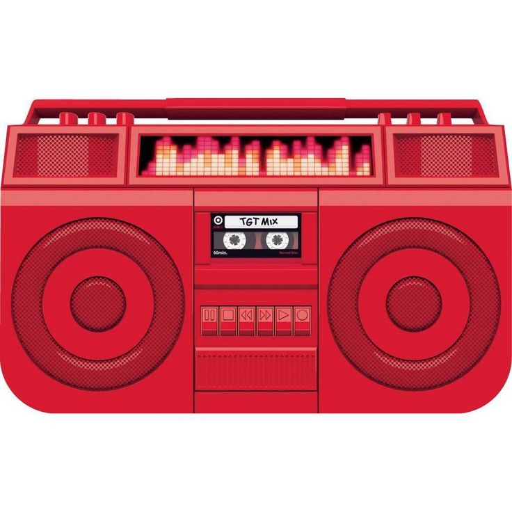 the boombox is red and has speakers on it