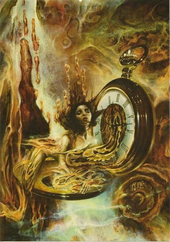 a painting of a woman sitting in front of a clock with flames coming out of it