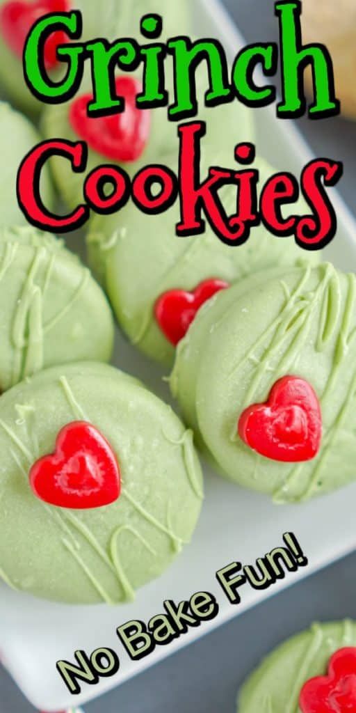 green crinkle cookies on a plate with red heart shaped frosting and the words crunch cookies no bake fun