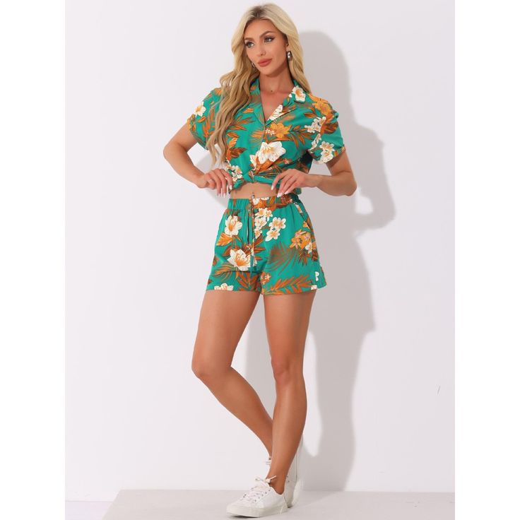 Are you planning a summer vacation? Make sure to pack a stylish ensemble that's perfect for any occasion! Consider packing a short-sleeved shirt and casual shorts with a trendy Hawaiian floral leaf pattern. This fresh and fashionable outfit is perfect for any summer activity, whether it's a carnival, festival, vacation, beach trip, or even a theme party. You're sure to receive many compliments with this Hawaiian floral outfit, making it a perfect choice for any summer event. It also makes a grea Spring Beachwear Hawaiian Shirt With Short Sleeves, Green Floral Print Hawaiian Shirt For Summer, Casual Green Floral Print Hawaiian Shirt, Casual Hawaiian Shirt For Beach Season Day Out, Casual Short Tops For Summer Outings, Casual Tops For Summer Outings, Green Floral Print Hawaiian Shirt For Beach Season, Green Floral Print Hawaiian Shirt For Beach, Green Floral Hawaiian Shirt For Beach Season