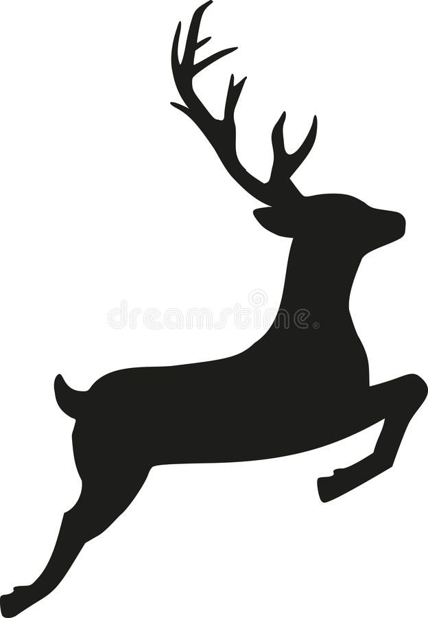 a black and white silhouette of a deer running with antlers on it's back