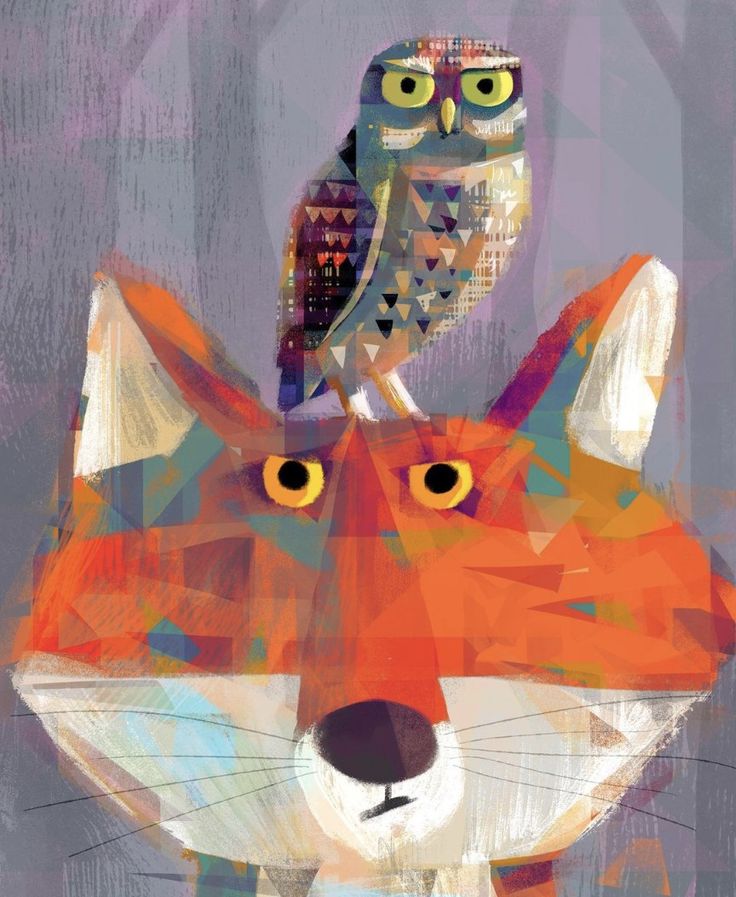 an owl sitting on top of a fox's head