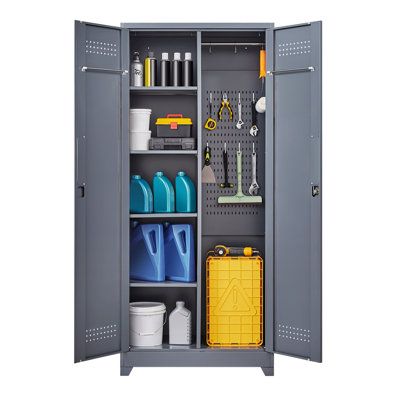 an open steel storage cabinet with tools and cleaning supplies on the door, isolated against a white background